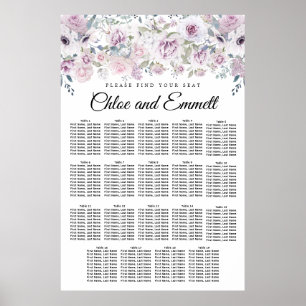 Poster Gráfico de Assentos de 19 Mesas, Floral Branco, Pu