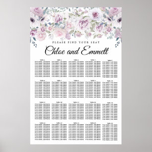 Poster Gráfico de Assentos de 20 Mesas, Floral Branco, Pu