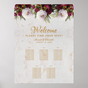 Poster Gráfico de Assentos de 5 Mesas Mármore Burgundy Pe