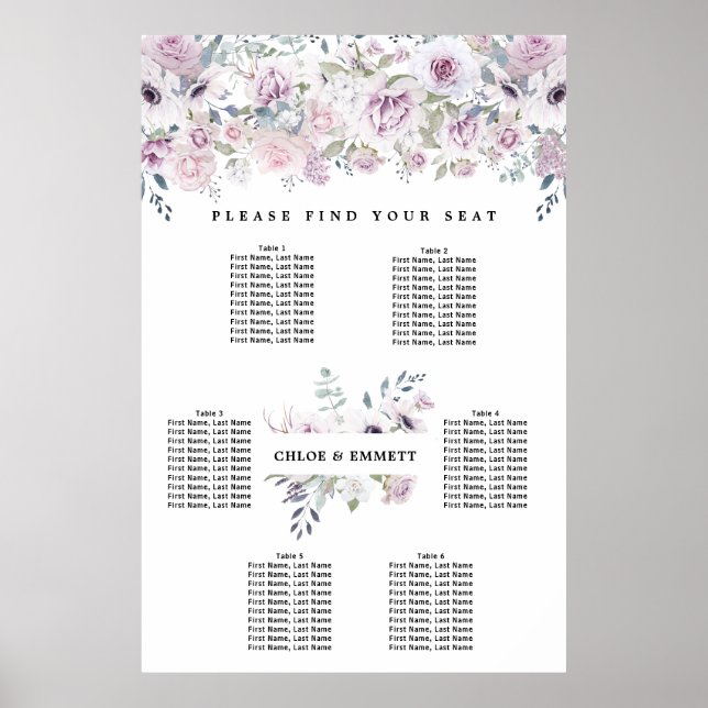 Poster Gráfico de Assentos de 6 Mesas com Placa Floral Br (Frente)