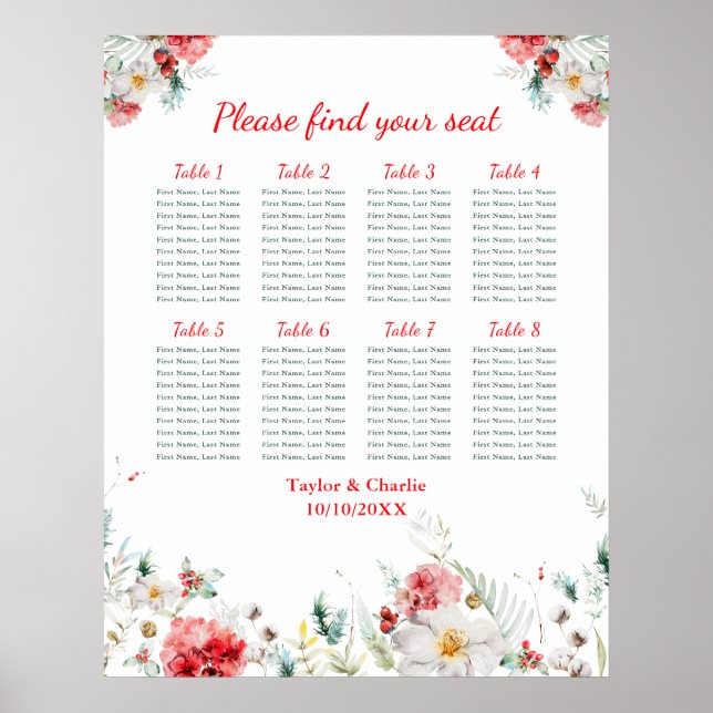 Poster Gráfico de Assentos de 8 Mesas para Casamento Flor (Frente)