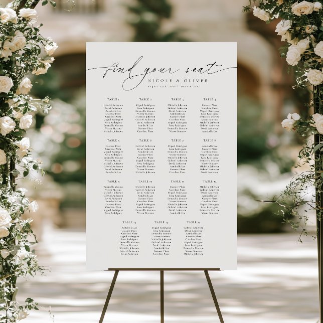 Poster Gráfico de Assentos de Boas-Vindas 15 Mesas Rótulo (Modern Script 15 Tables Welcome Seating Chart, Seating Plan)