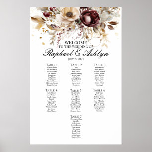 Poster Gráfico de assentos de casamento 7 mesas, peônias