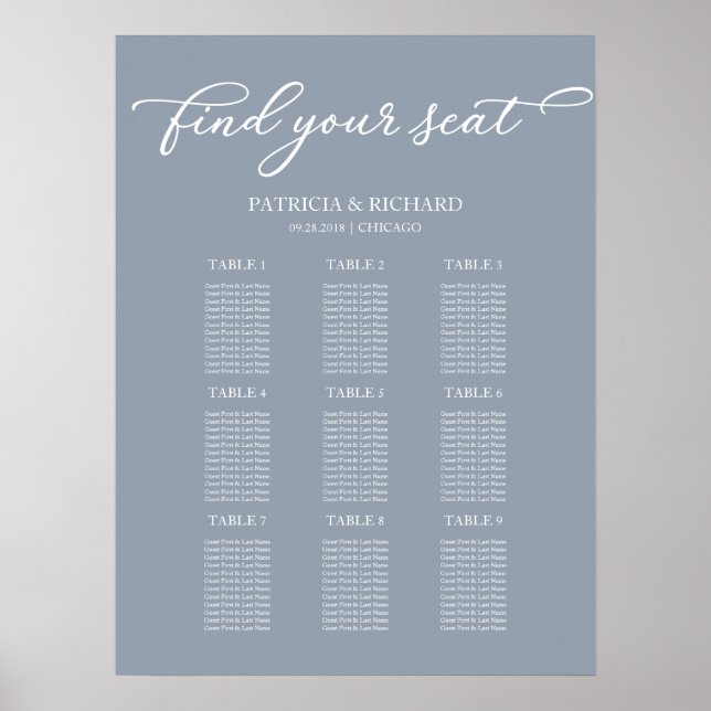Poster Gráfico de Assentos de Casamento 9 Mesas Chic Azul (Frente)