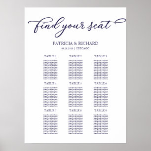 Poster Gráfico de Assentos de Casamento 9 Mesas Chic Azul