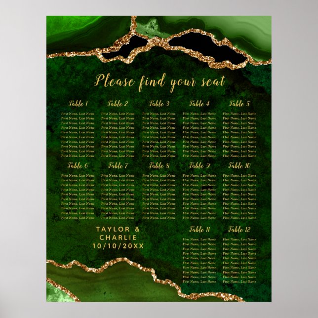 Poster Gráfico de Assentos de Casamento Ágata Ouro Verde  (Frente)