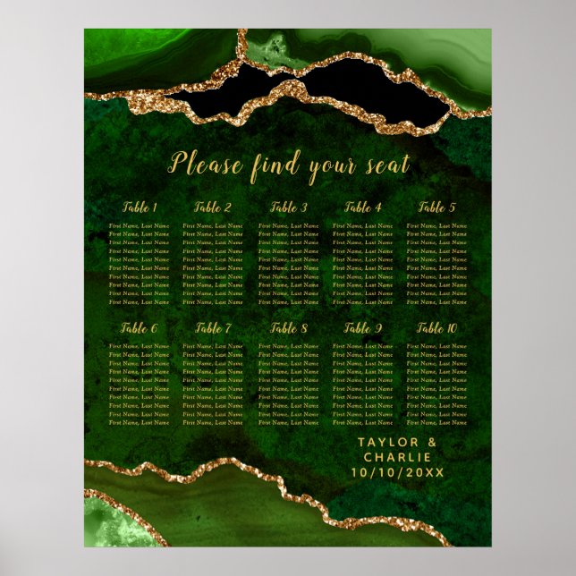 Poster Gráfico de Assentos de Casamento Ágata Ouro Verde  (Frente)