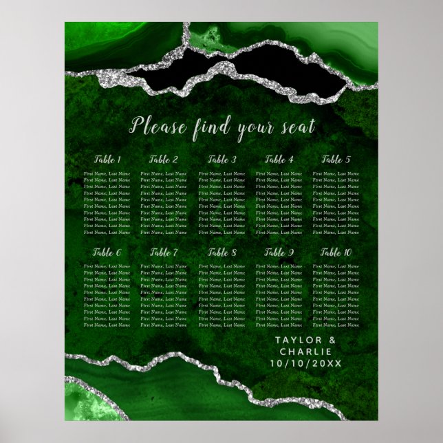 Poster Gráfico de Assentos de Casamento Ágata Prata Verde (Frente)