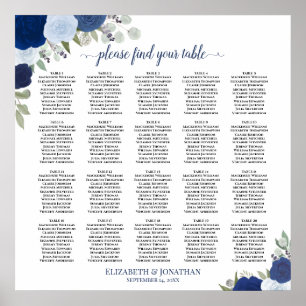 Poster Gráfico de Assentos de Casamento Azul Floral Elega