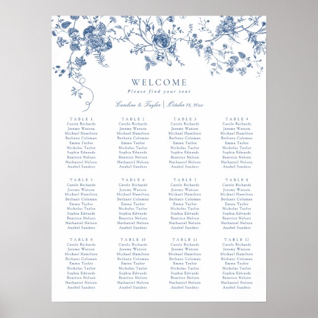 Poster Gráfico de Assentos de Casamento Azul Floral Vinta (Frente)