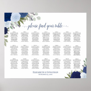 Poster Gráfico de Assentos de Casamento Boho Floral Azul 