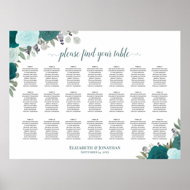 Poster Gráfico de Assentos de Casamento Boho Floral Verde (Frente)