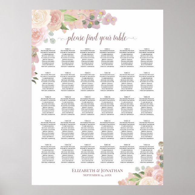 Poster Gráfico de Assentos de Casamento Boho Rosa com 30  (Frente)