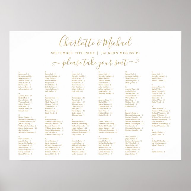 Poster Gráfico de Assentos de Casamento Chic Gold 200 Nom (Frente)