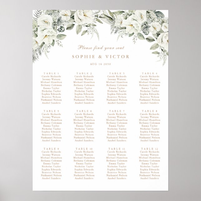 Poster Gráfico de Assentos de Casamento com 12 Mesas Flor (Frente)
