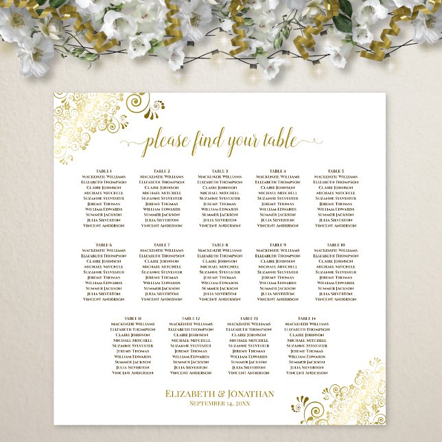 Poster Gráfico de Assentos de Casamento com 14 Mesas Dour (In Situ on Wall with Decorations)