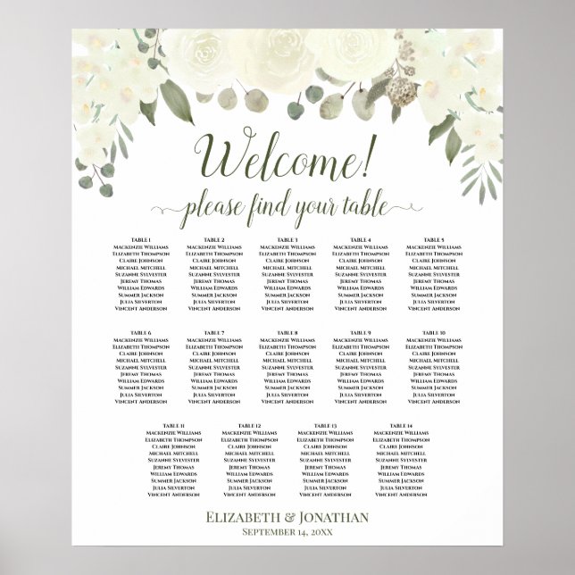 Poster Gráfico de Assentos de Casamento com 14 Mesas em F (Frente)