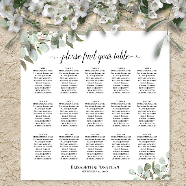 Poster Gráfico de Assentos de Casamento com 15 Mesas e Fo (In Situ On Wall with Flowers)