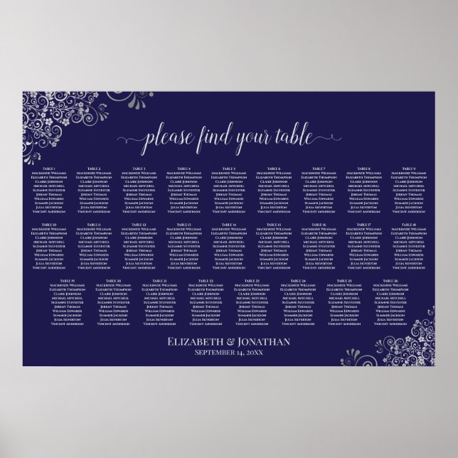 Poster Gráfico de Assentos de Casamento com 26 Mesas Prat (Frente)