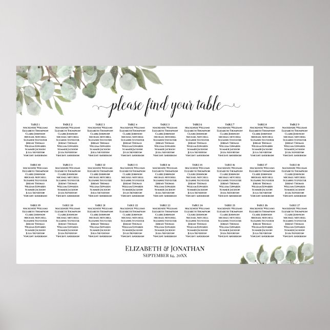 Poster Gráfico de Assentos de Casamento com 27 Mesas Folh (Frente)