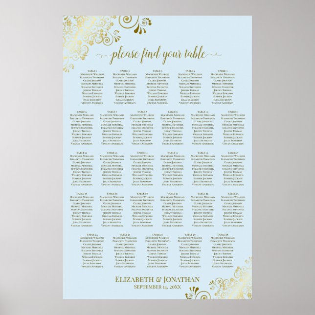 Poster Gráfico de Assentos de Casamento com 28 Mesas Azul (Frente)