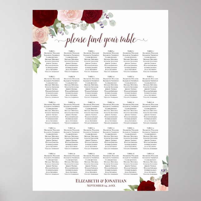 Poster Gráfico de Assentos de Casamento com 30 Mesas Rosa (Frente)