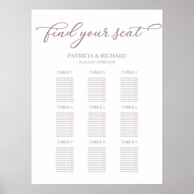 Poster Gráfico de Assentos de Casamento com 9 Mesas em Do (Frente)