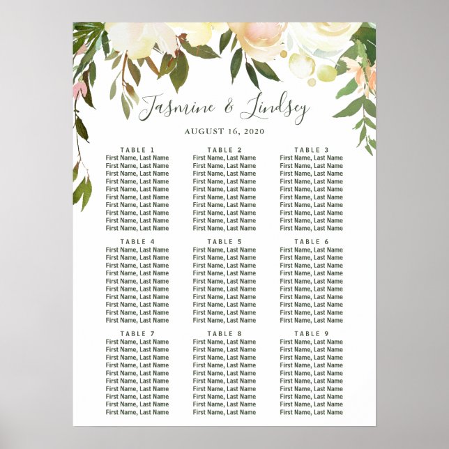 Poster Gráfico de Assentos de Casamento com 9 Mesas Flora (Frente)