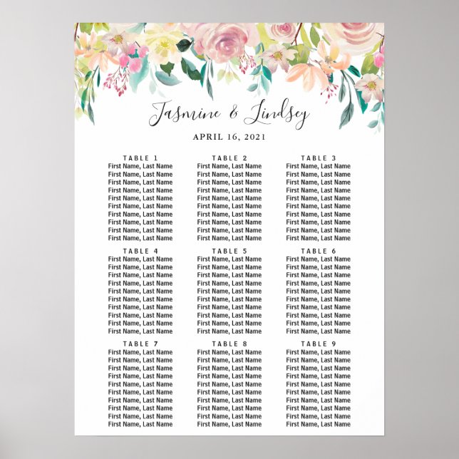 Poster Gráfico de Assentos de Casamento com 9 Mesas Flora (Frente)