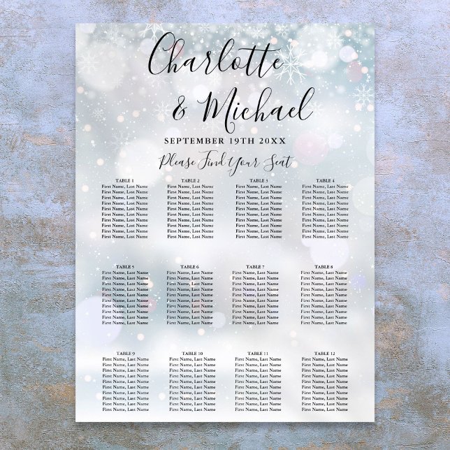Poster Gráfico de Assentos de Casamento com Flocos de Nev (Winter Snowflakes Wedding Seating Chart)