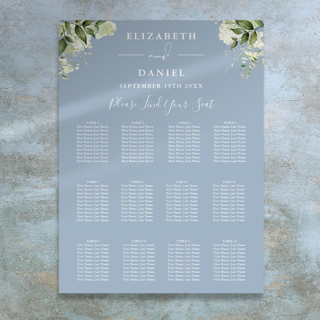 Poster Gráfico de Assentos de Casamento com Flora e Verde (Dusty Blue Floral Greenery Wedding Seating Chart)