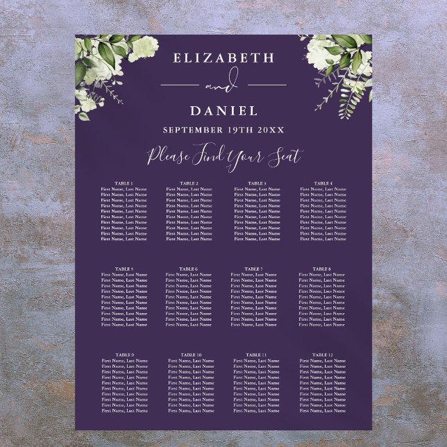 Poster Gráfico de Assentos de Casamento com Flora Verde e (Purple Floral Greenery Wedding Seating Chart)