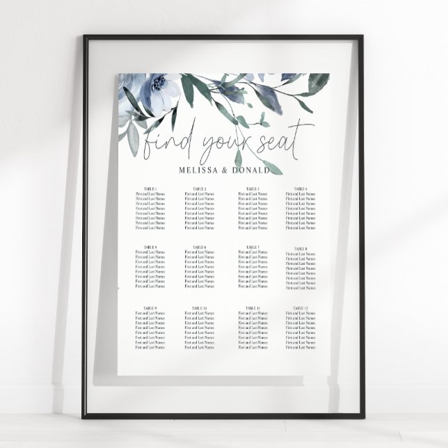Poster Gráfico de Assentos de Casamento com Flores Azuis  (Criador carregado)