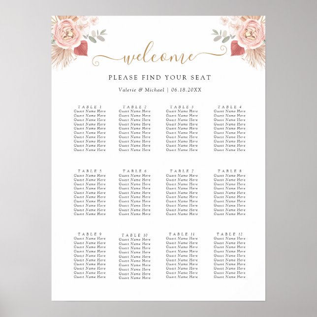 Poster Gráfico de Assentos de Casamento com Flores Boho S (Frente)
