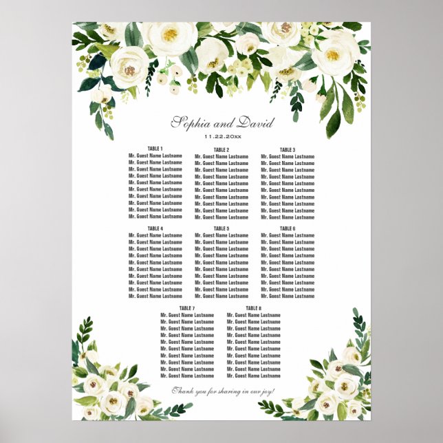 Poster Gráfico de Assentos de Casamento com Flores Branca (Frente)