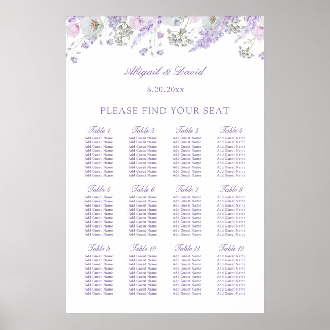 Poster Gráfico de Assentos de Casamento com Flores de Lil (Frente)