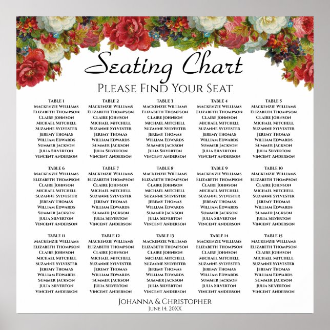 Poster Gráfico de Assentos de Casamento com Flores de Out (Frente)