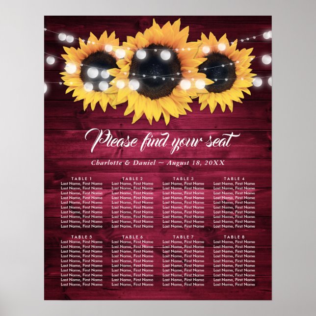 Poster Gráfico de Assentos de Casamento com Girassóis Rús (Frente)