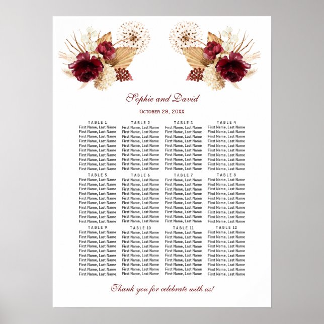 Poster Gráfico de Assentos de Casamento com Grama Pampas  (Frente)