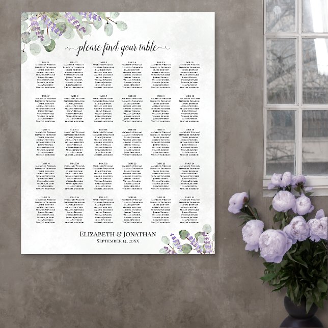 Poster Gráfico de Assentos de Casamento com Lavanda e Euc (In Situ on Wall with Flowers)
