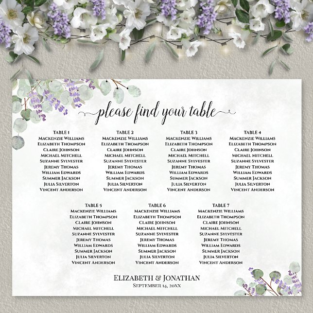 Poster Gráfico de Assentos de Casamento com Lavanda e Euc (In Situ on Wall with Flowers)