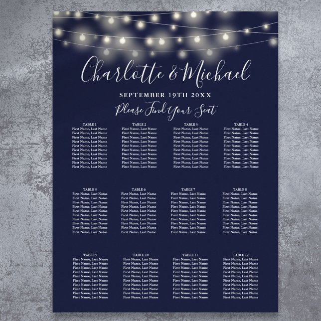 Poster Gráfico de Assentos de Casamento com Luzes de Cord (Navy Blue String Lights Wedding Seating Chart)