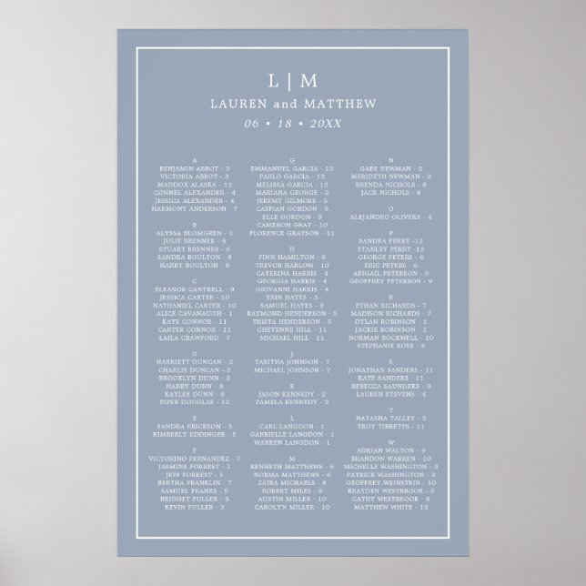 Poster Gráfico de Assentos de Casamento com Monograma Azu (Frente)