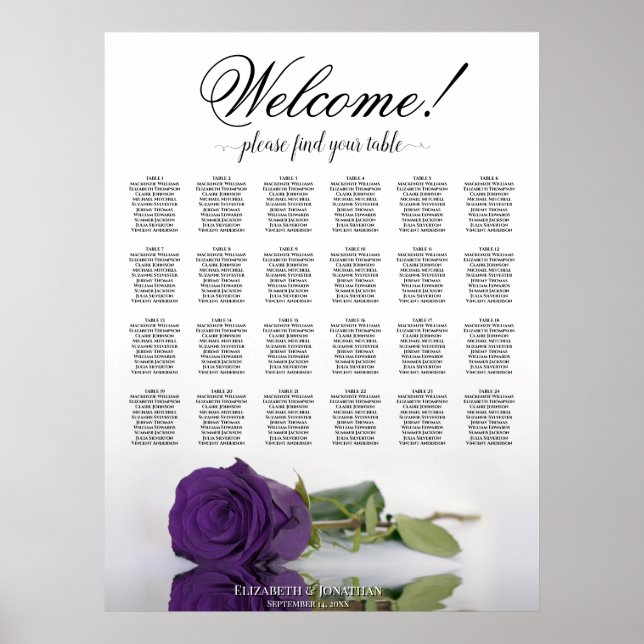 Poster Gráfico de Assentos de Casamento com Rosa Roxa Rea (Frente)