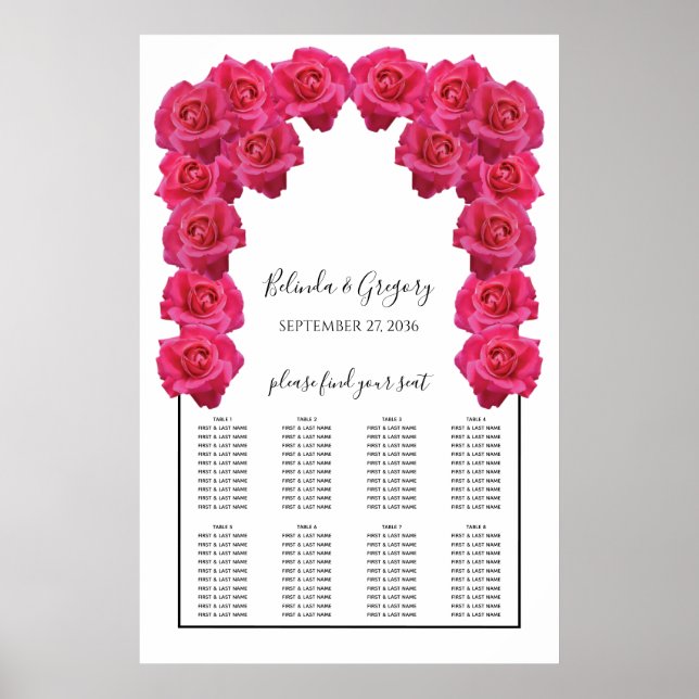Poster Gráfico de Assentos de Casamento com Rosas Pink Rú (Frente)