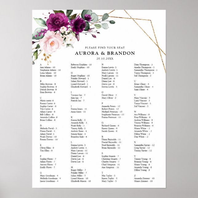 Poster Gráfico de Assentos de Casamento com Rosas Rosa e  (Frente)