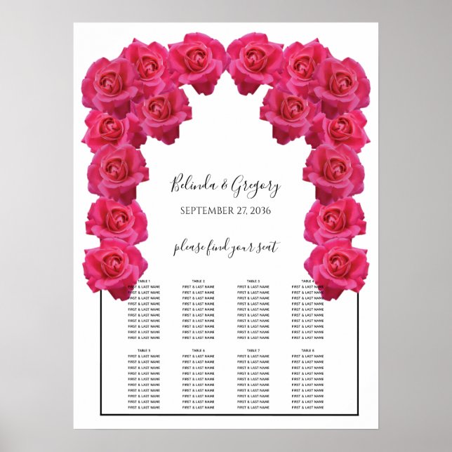 Poster Gráfico de Assentos de Casamento com Rosas Rosa Rú (Frente)