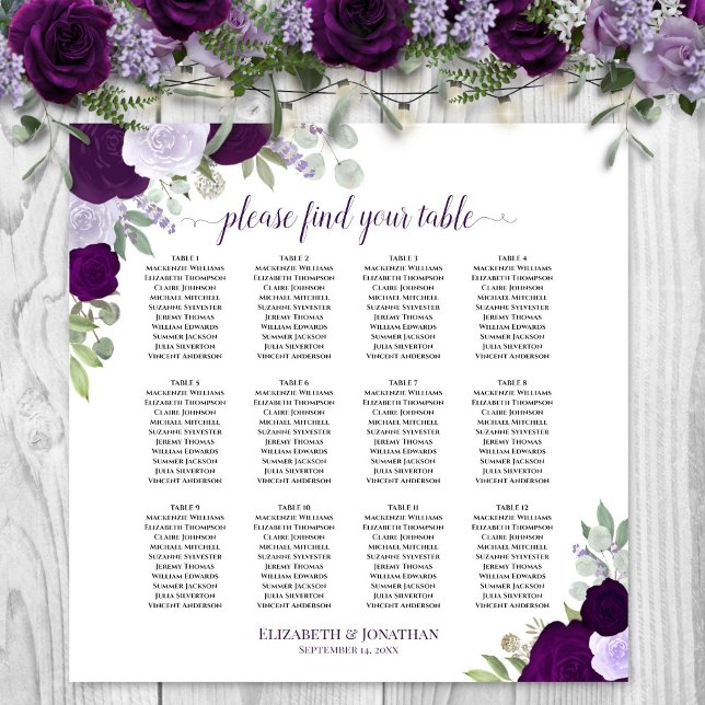 Poster Gráfico de Assentos de Casamento com Rosas Roxas C (In Situ on Wall with Flowers)
