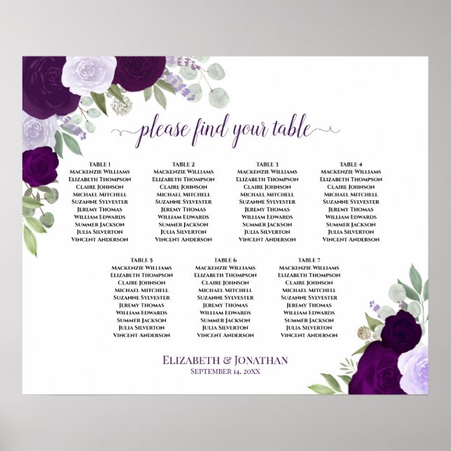 Poster Gráfico de Assentos de Casamento com Rosas Roxas E (Frente)