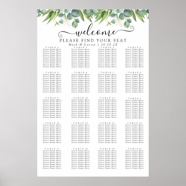 Poster Gráfico de Assentos de Casamento com Simples Verde (Frente)